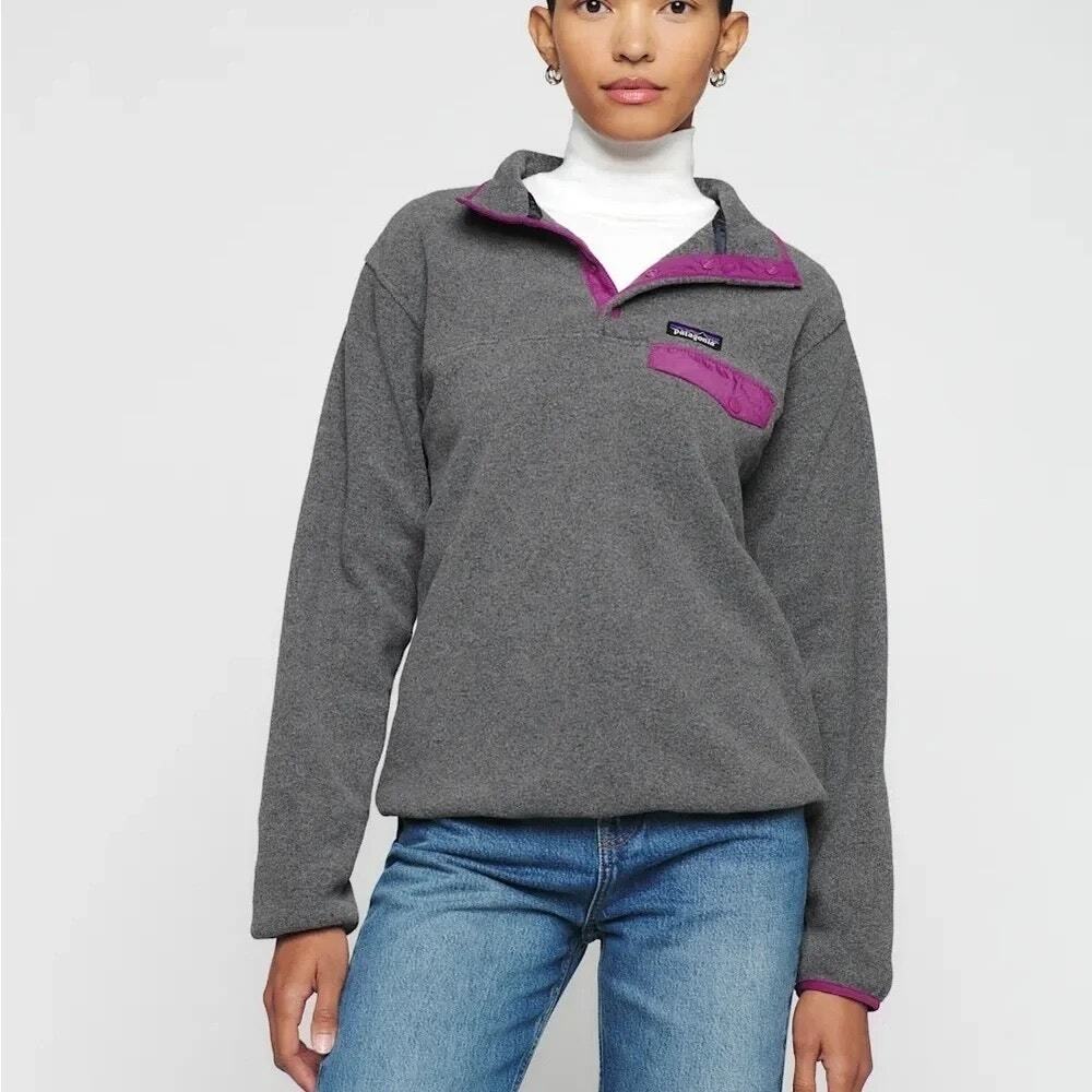 Patagonia Synchilla Fleece Sweatshirt Pullover Gray Pink Trim